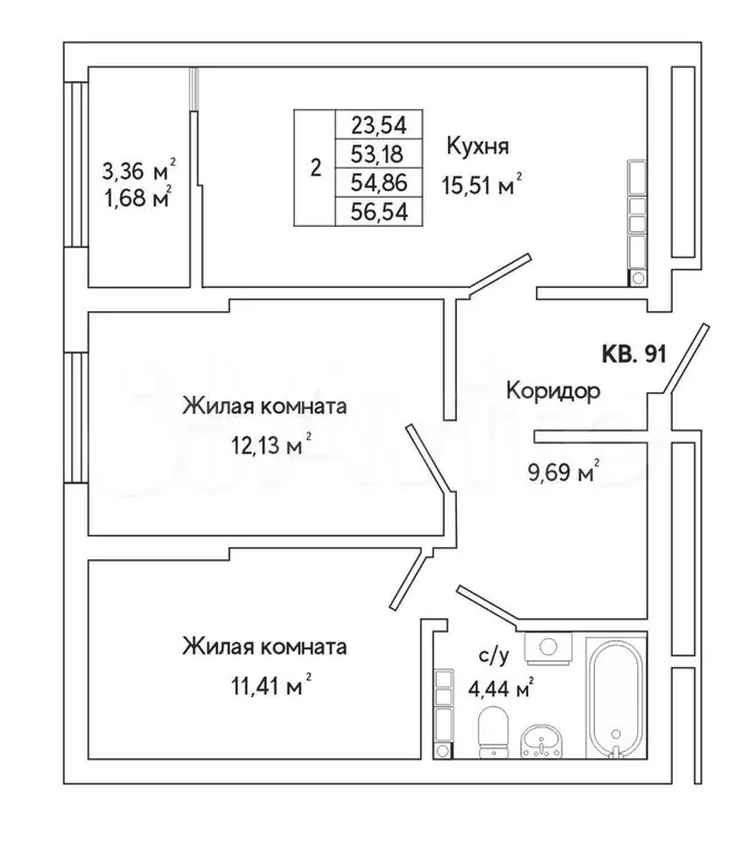 2-к. квартира, 56,5 м, 10/25 эт. - Фото 1