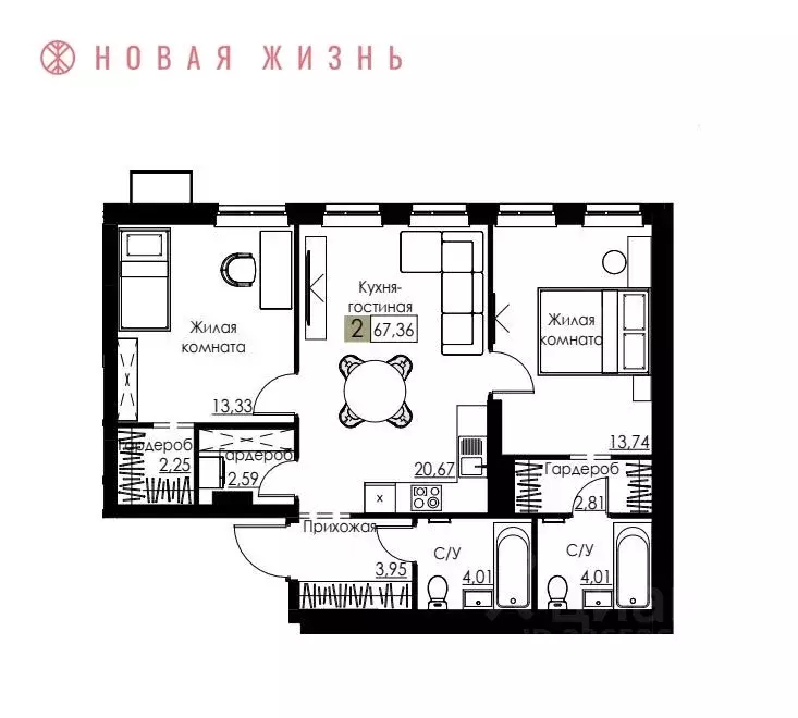 2-к кв. Самарская область, Самара Спортивная ул. (67.4 м) - Фото 1