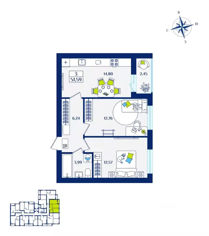 2-к кв. Калининградская область, Зеленоградск  (51.59 м) - Фото 1