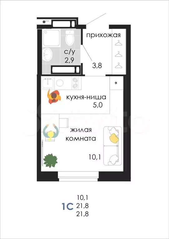 Квартира-студия, 21,8 м, 17/19 эт. - Фото 1