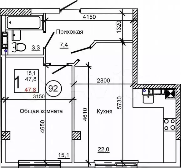 1-к. квартира, 47,8м, 7/9эт. - Фото 0