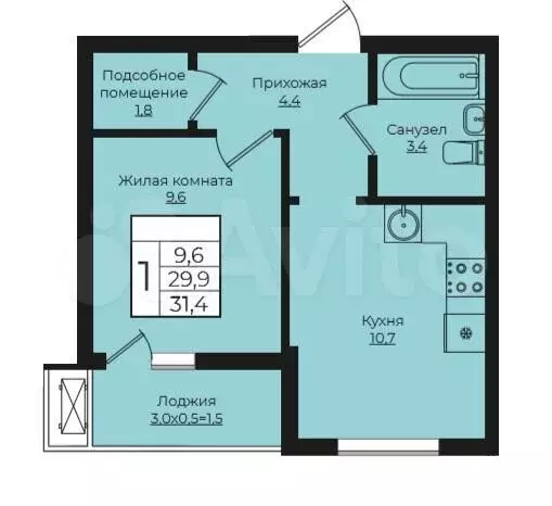 1-к. квартира, 31,4 м, 5/7 эт. - Фото 0