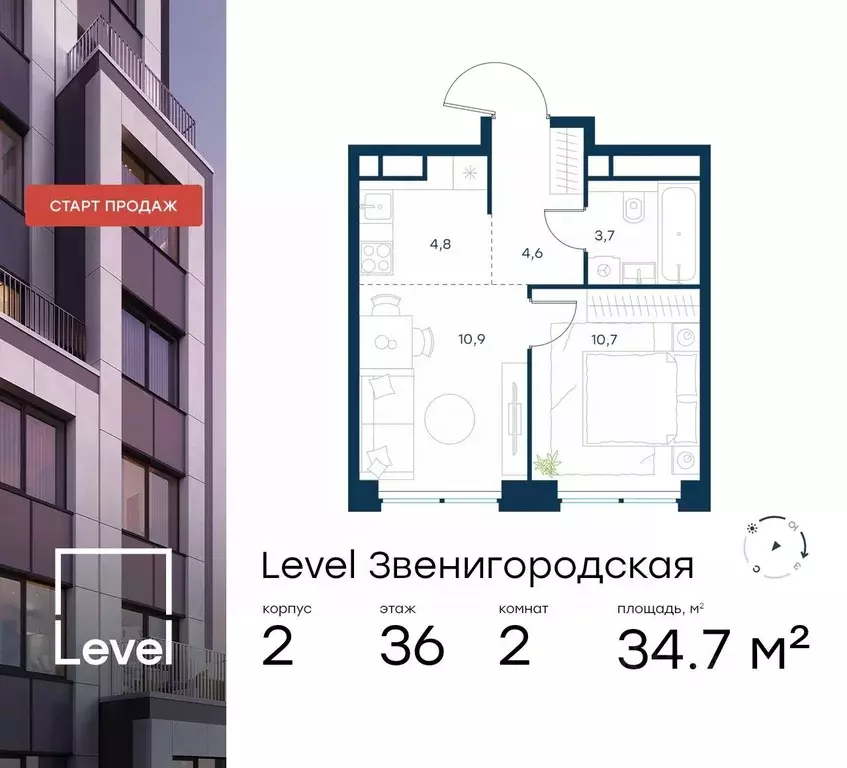 2-к кв. Москва Левел Звенигородская жилой комплекс (34.7 м) - Фото 0