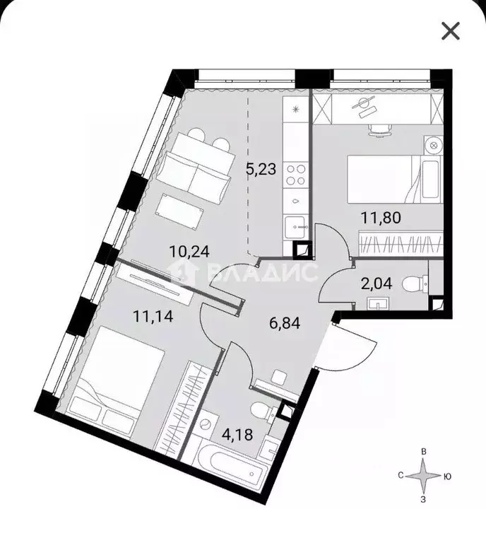 Квартира, 2 комнаты, 51.5 м - Фото 1