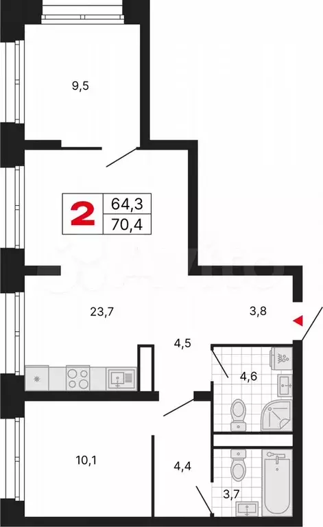 2-к. квартира, 64,3 м, 14/29 эт. - Фото 1