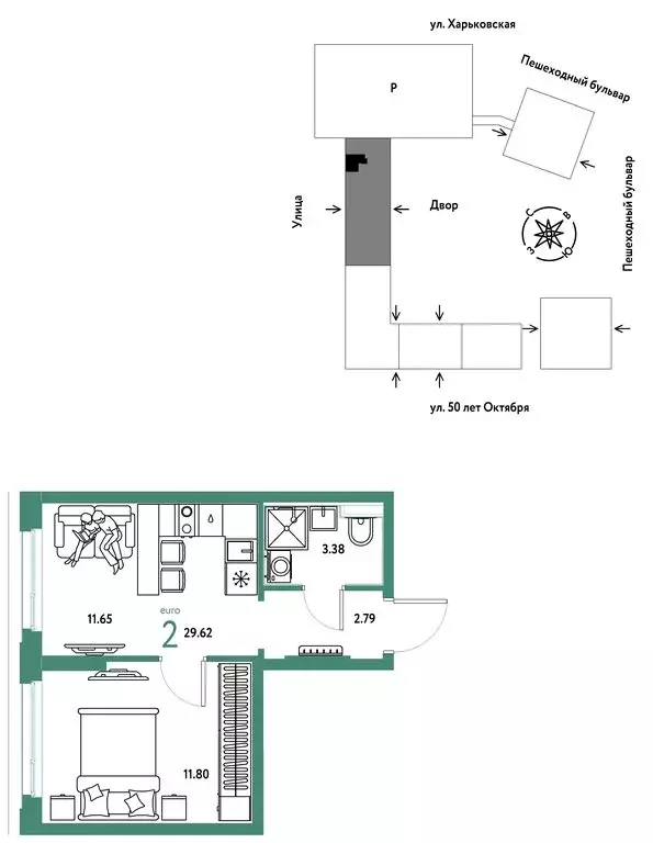 2-комнатная квартира: Тюмень, улица 50 лет Октября, 61к1 (29.62 м) - Фото 1