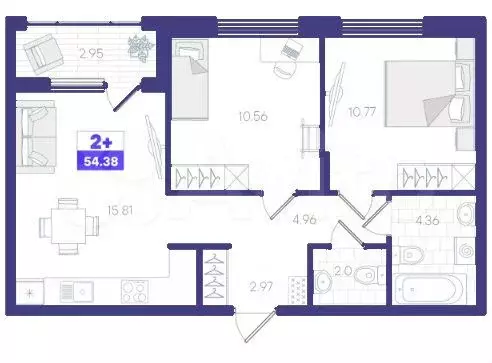 2-к. квартира, 54,4 м, 3/9 эт. - Фото 1