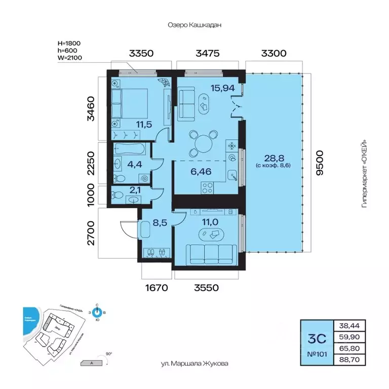 3-к кв. Башкортостан, Уфа Сипайлово жилрайон, Атлантис жилой комплекс ... - Фото 1