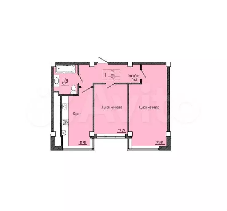2-к. квартира, 59,6 м, 4/5 эт. - Фото 0