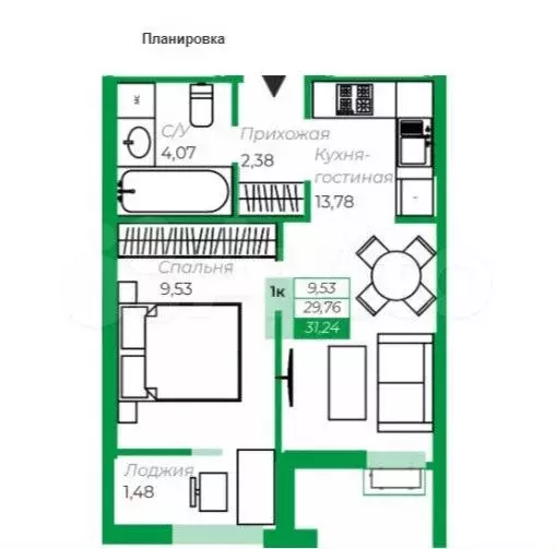 1-к. квартира, 31 м, 4/16 эт. - Фото 0