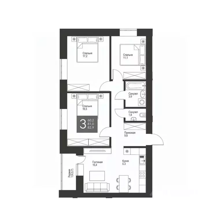3-к кв. Татарстан, Альметьевск ул. Гафиатуллина, 60 (82.9 м) - Фото 1