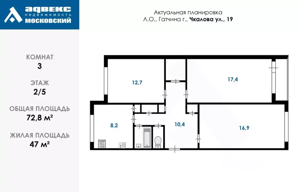 3-к кв. Ленинградская область, Гатчина ул. Чкалова, 19 (72.8 м) - Фото 1