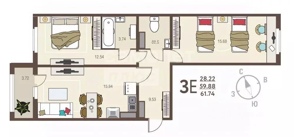 3-к кв. Курская область, Курск ул. Энгельса, 115/3 (61.74 м) - Фото 1