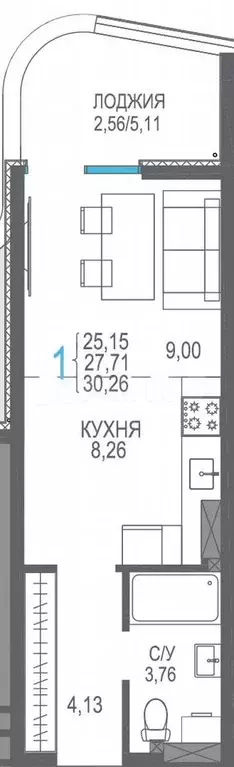 1-к. квартира, 30,3 м, 3/9 эт. - Фото 0