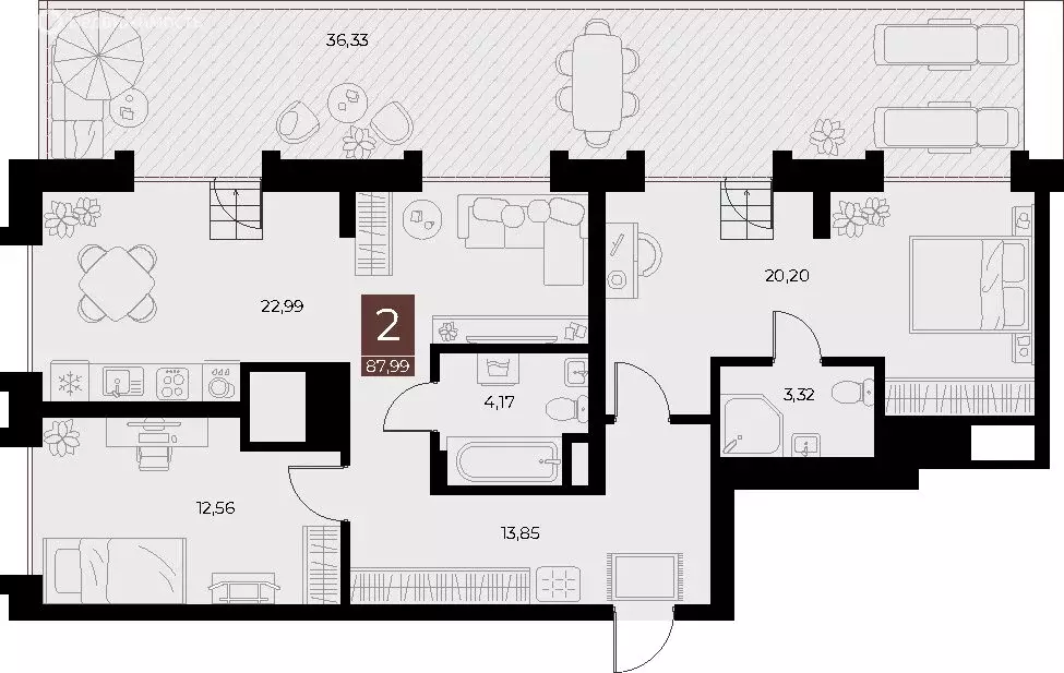 2-комнатная квартира: Рязань, район Приокский (87.99 м) - Фото 1