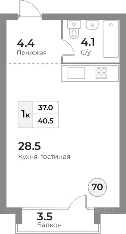 1-к кв. Калининградская область, Зеленоградск  (40.5 м) - Фото 0