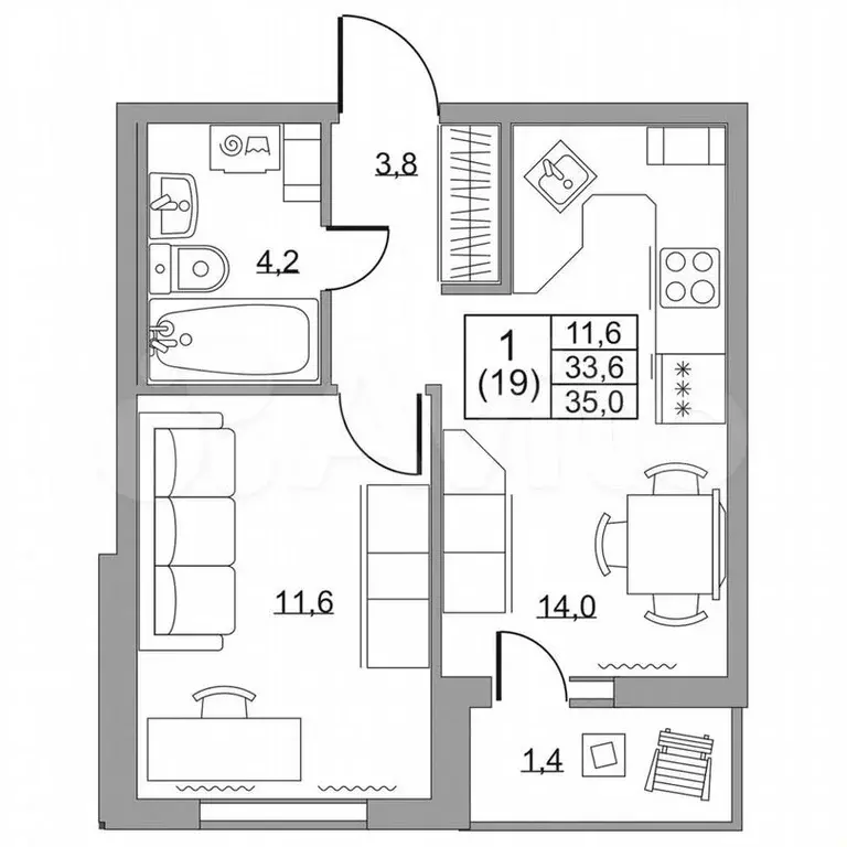 1-к. квартира, 35 м, 4/8 эт. - Фото 1