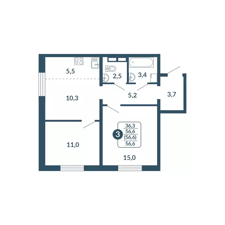 3-к квартира, 56.6 м - Фото 0