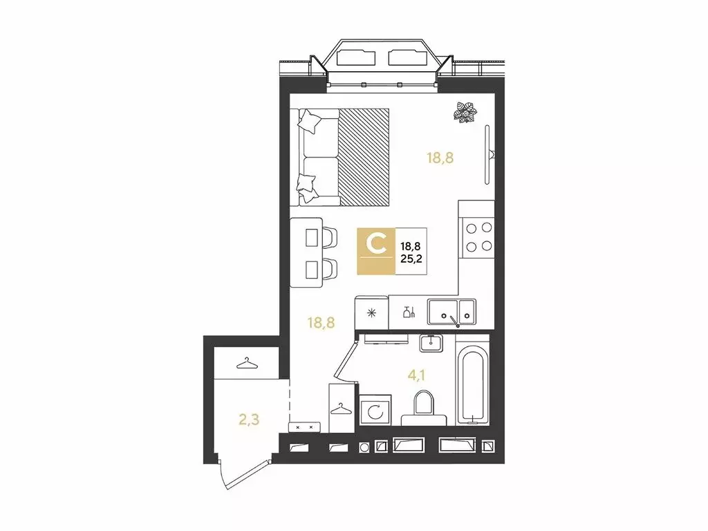 Квартира-студия: Краснодар, квартал Самолёт (25.2 м) - Фото 1