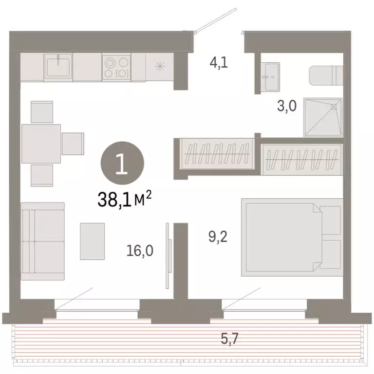 1-комнатная квартира: Тюмень, Причальная улица, 7 (38.05 м) - Фото 2