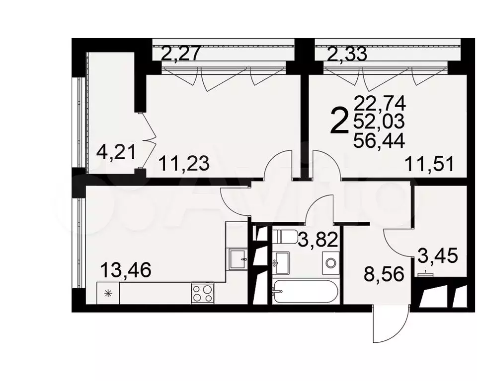 2-к. квартира, 56,4 м, 18/25 эт. - Фото 1