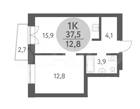 1-к. квартира, 37,5 м, 3/9 эт. - Фото 0