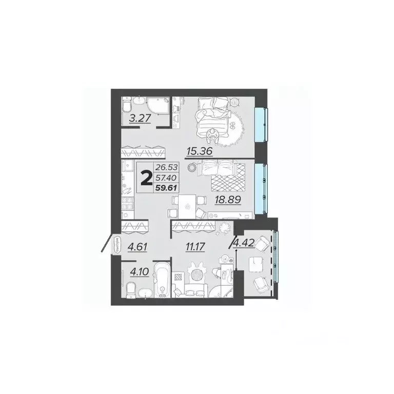 2-к кв. Брянская область, Брянск Архитектор жилой комплекс (59.61 м) - Фото 1