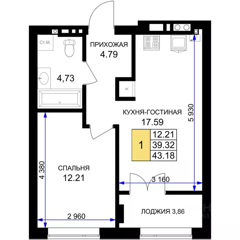 1-к кв. Калининградская область, Гурьевск Включи жилой комплекс (43.18 ... - Фото 0