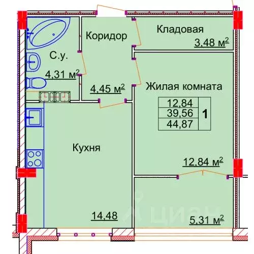 1-к кв. Ивановская область, Иваново Лежневская ул., 98 (44.87 м) - Фото 0