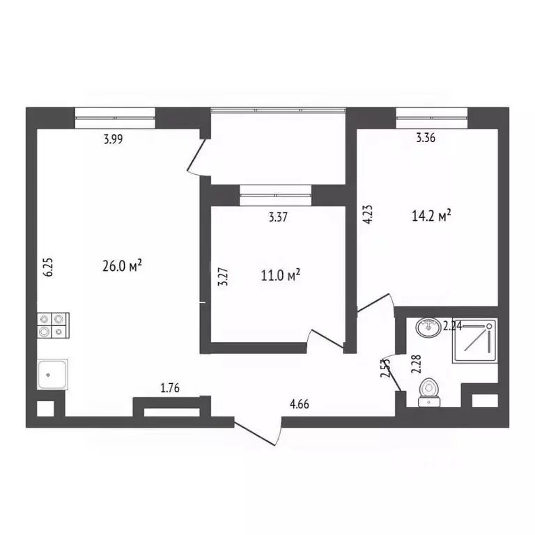 2-к кв. Тюменская область, Тюмень ул. Федюнинского, 30к6 (64.6 м) - Фото 2