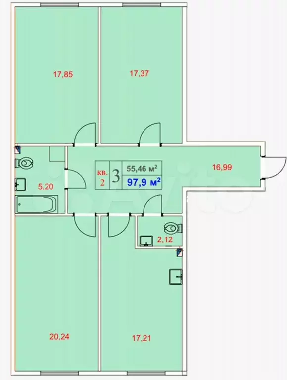 3-к. квартира, 98 м, 1/3 эт. - Фото 0