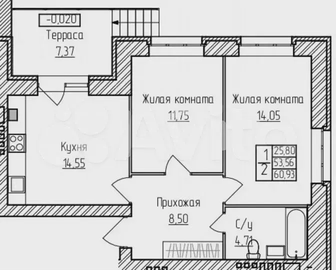 2-к. квартира, 60,9м, 1/3эт. - Фото 1