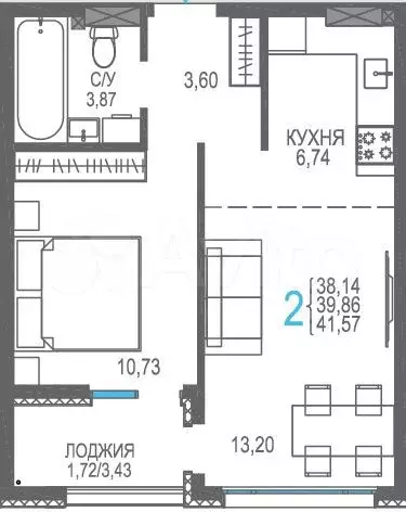 2-к. квартира, 41,6 м, 5/8 эт. - Фото 1