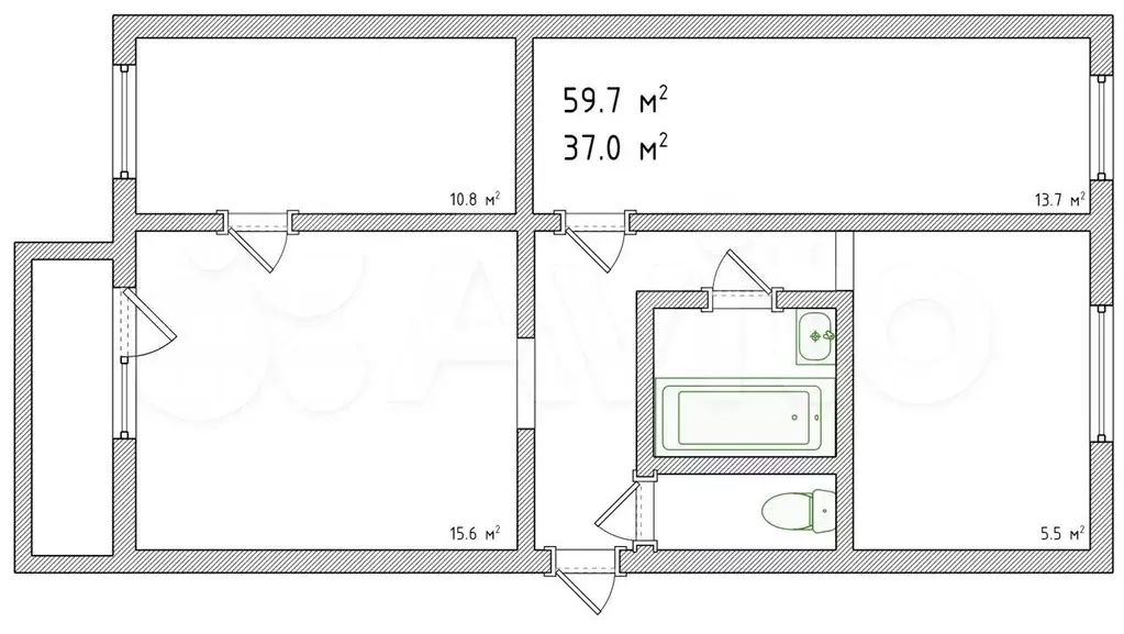 3-к. квартира, 59,7 м, 2/5 эт. - Фото 0