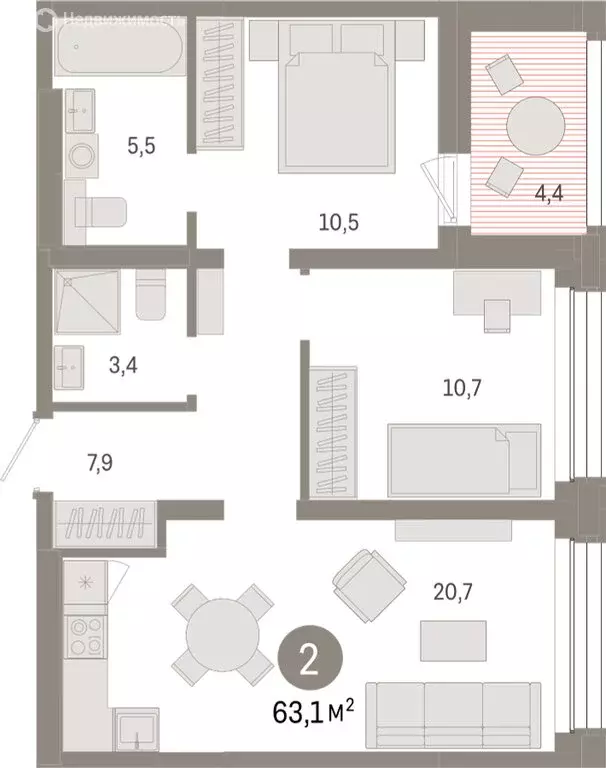 2-комнатная квартира: Тюмень, улица Муравленко, 9/2 (63.12 м) - Фото 1
