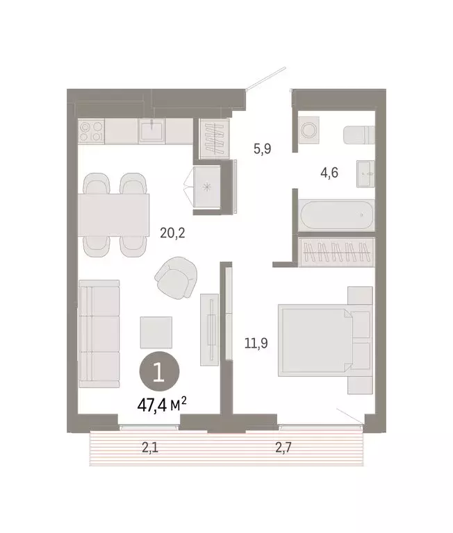 1-комнатная квартира: Екатеринбург, улица Гастелло, 19А (47.39 м) - Фото 1