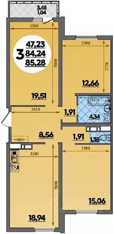 3-к кв. Адыгея, Майкоп  (85.28 м) - Фото 1