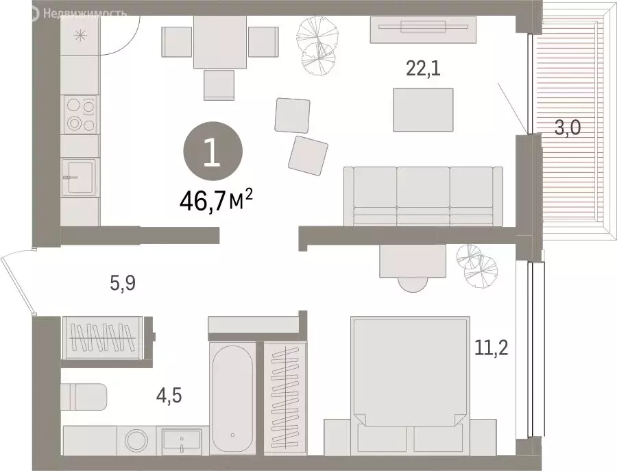 1-комнатная квартира: Тюмень, Мысовская улица, 26к1 (46.69 м) - Фото 1