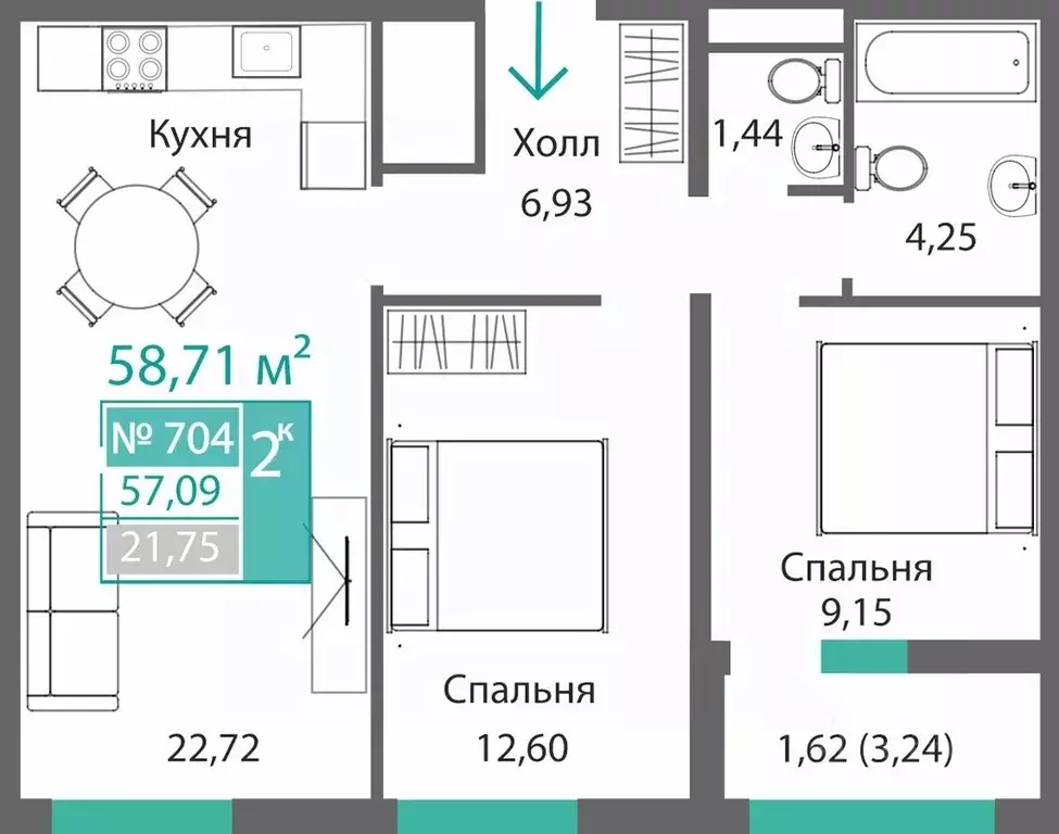 2-к кв. Крым, Симферополь Барбарис жилой комплекс (58.71 м) - Фото 0