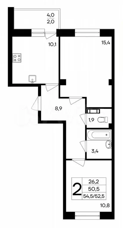 2-к. квартира, 52,5 м, 5/9 эт. - Фото 0