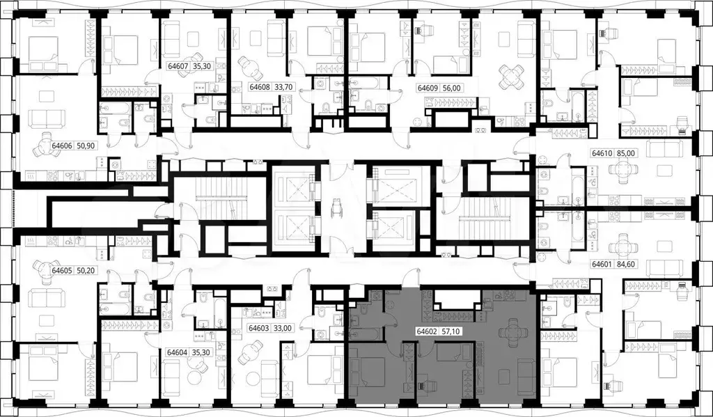 2-к. квартира, 57,1 м, 46/48 эт. - Фото 1