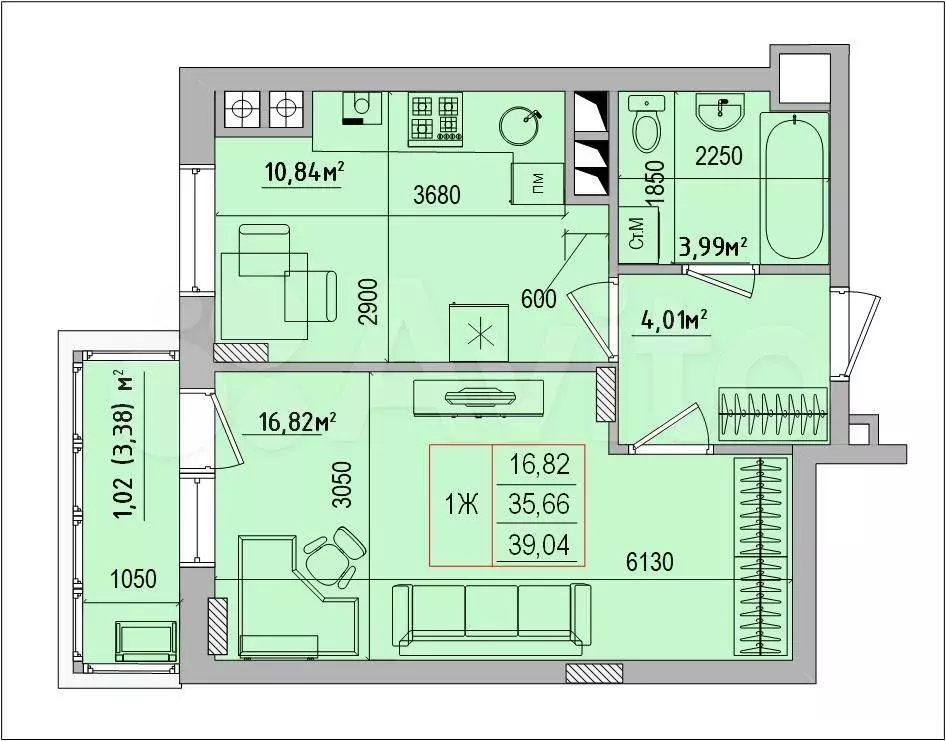 1-к. квартира, 39м, 2/5эт. - Фото 0