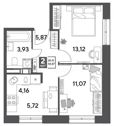 2-к. квартира, 43,9 м, 5/9 эт. - Фото 0