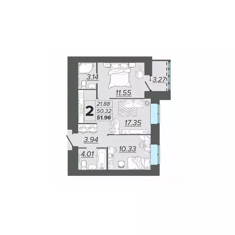 2-к кв. Брянская область, Брянск Архитектор жилой комплекс (51.96 м) - Фото 0