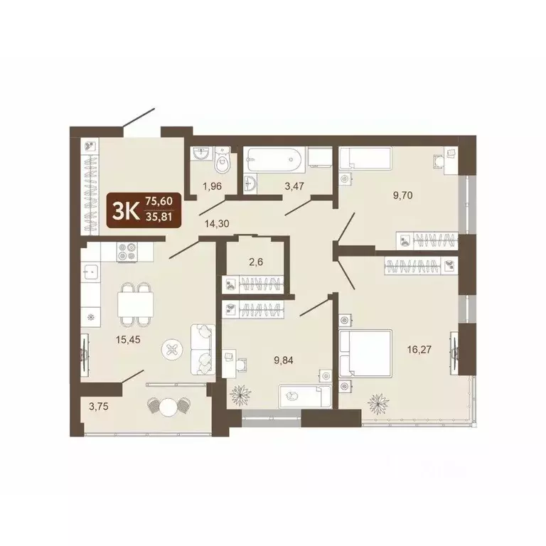 3-к кв. Кемеровская область, Кемерово 58В мкр, 1 (75.6 м) - Фото 0