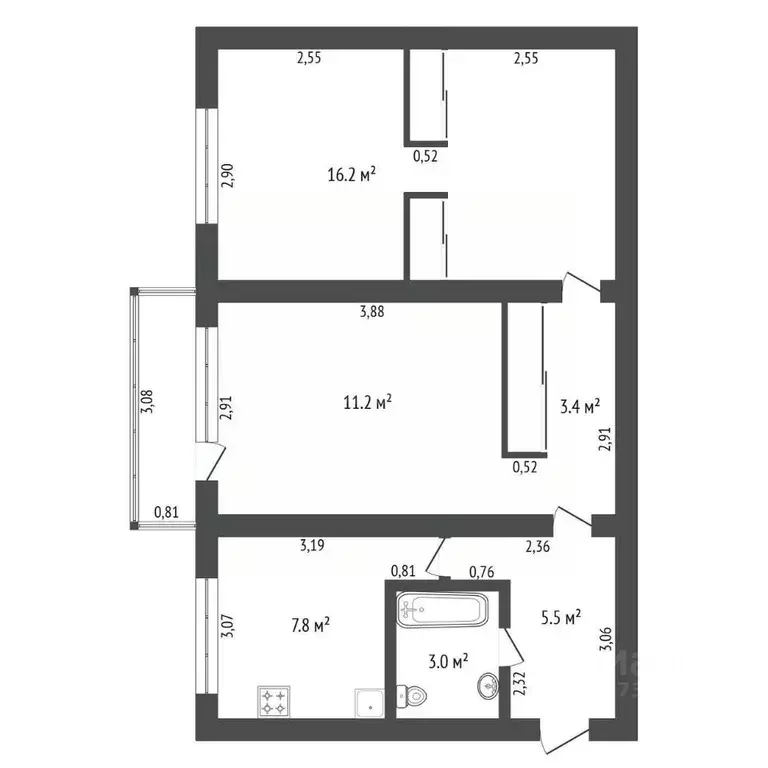 2-к кв. Амурская область, Благовещенск Институтская ул., 8 (49.4 м) - Фото 1