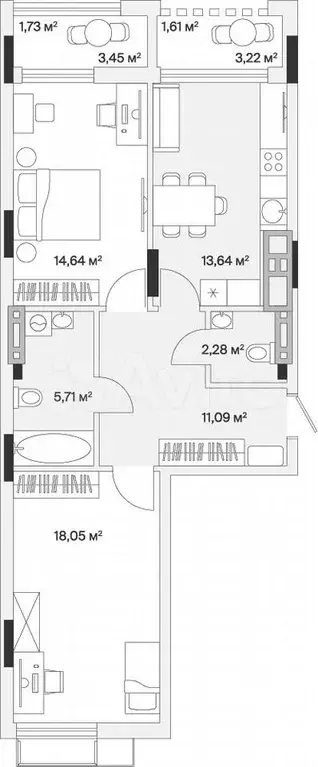 2-к. квартира, 68,7 м, 2/7 эт. - Фото 1