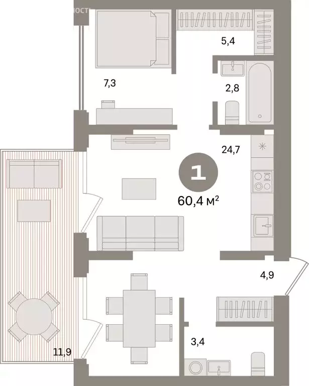 1-комнатная квартира: Екатеринбург, улица Академика Ландау, 7 (60.42 ... - Фото 1