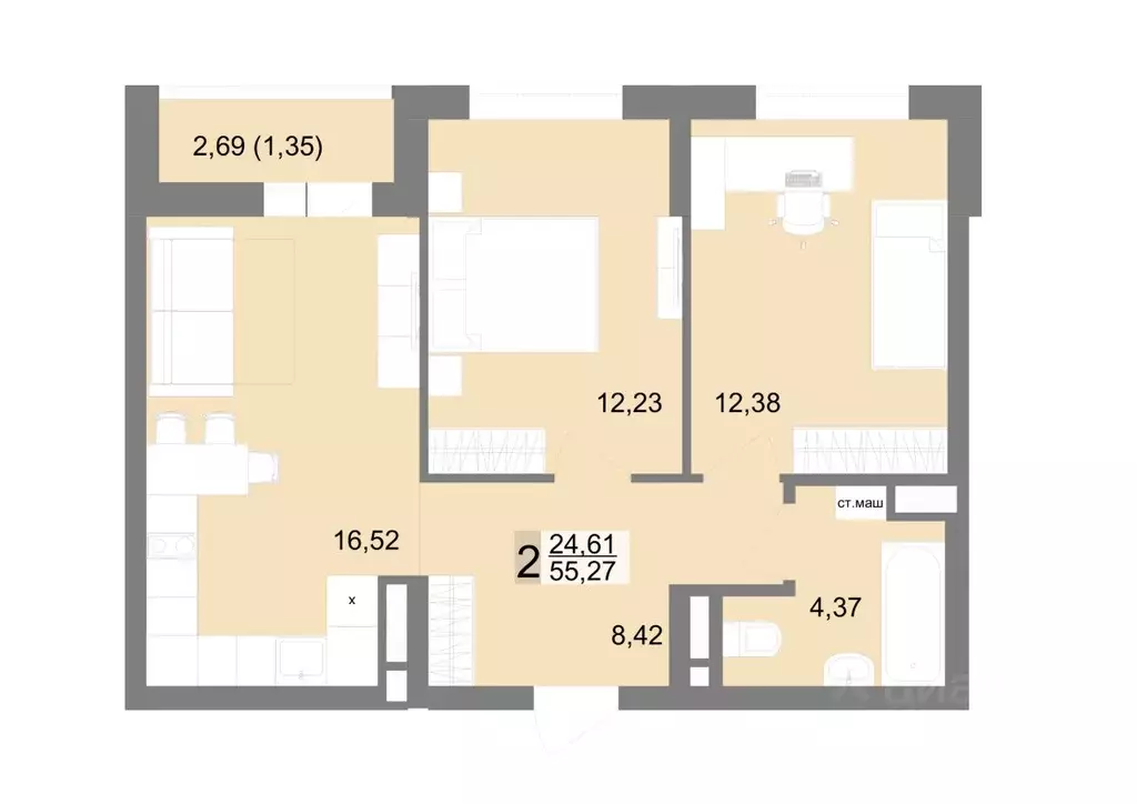 2-к кв. Свердловская область, Екатеринбург ул. Тенистая, 8с5 (55.27 м) - Фото 1