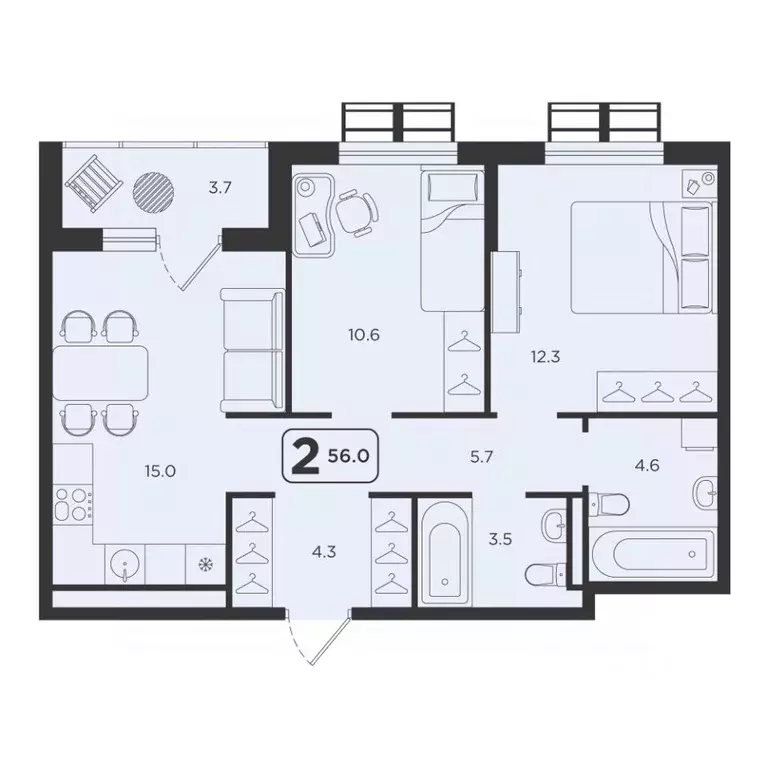 2-к кв. Тюменская область, Тюмень  (56.0 м) - Фото 1